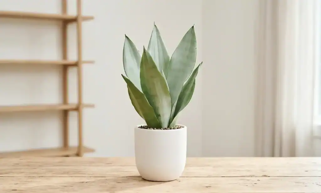 Snake plant in white pot on wooden table in bright room.