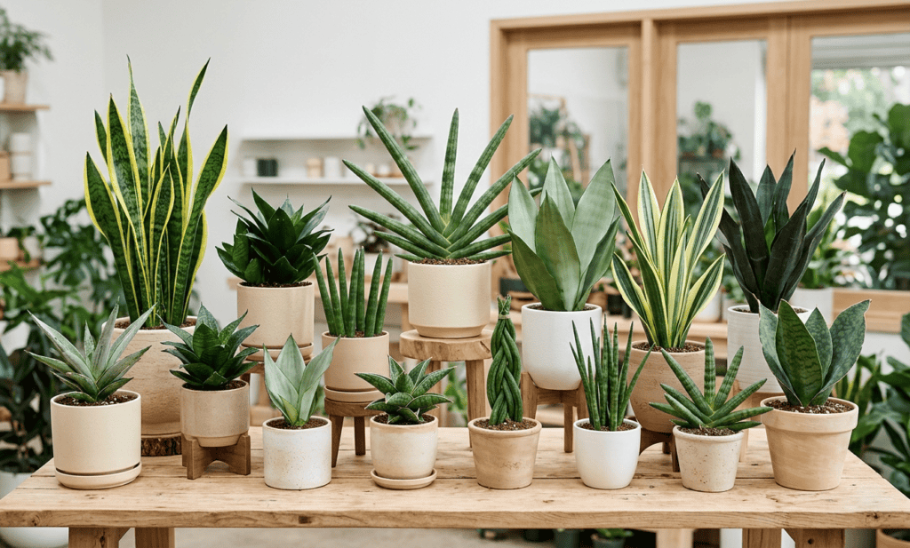 Collection of different snake plant varieties in pots on a wooden table.