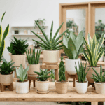 Collection of different snake plant varieties in pots on a wooden table.